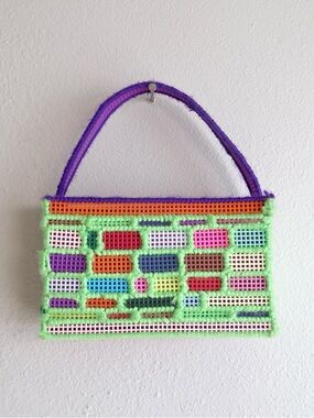 Vintage Handmade Plastic Canvas Purse Colorful Needlepoint Mini Bag